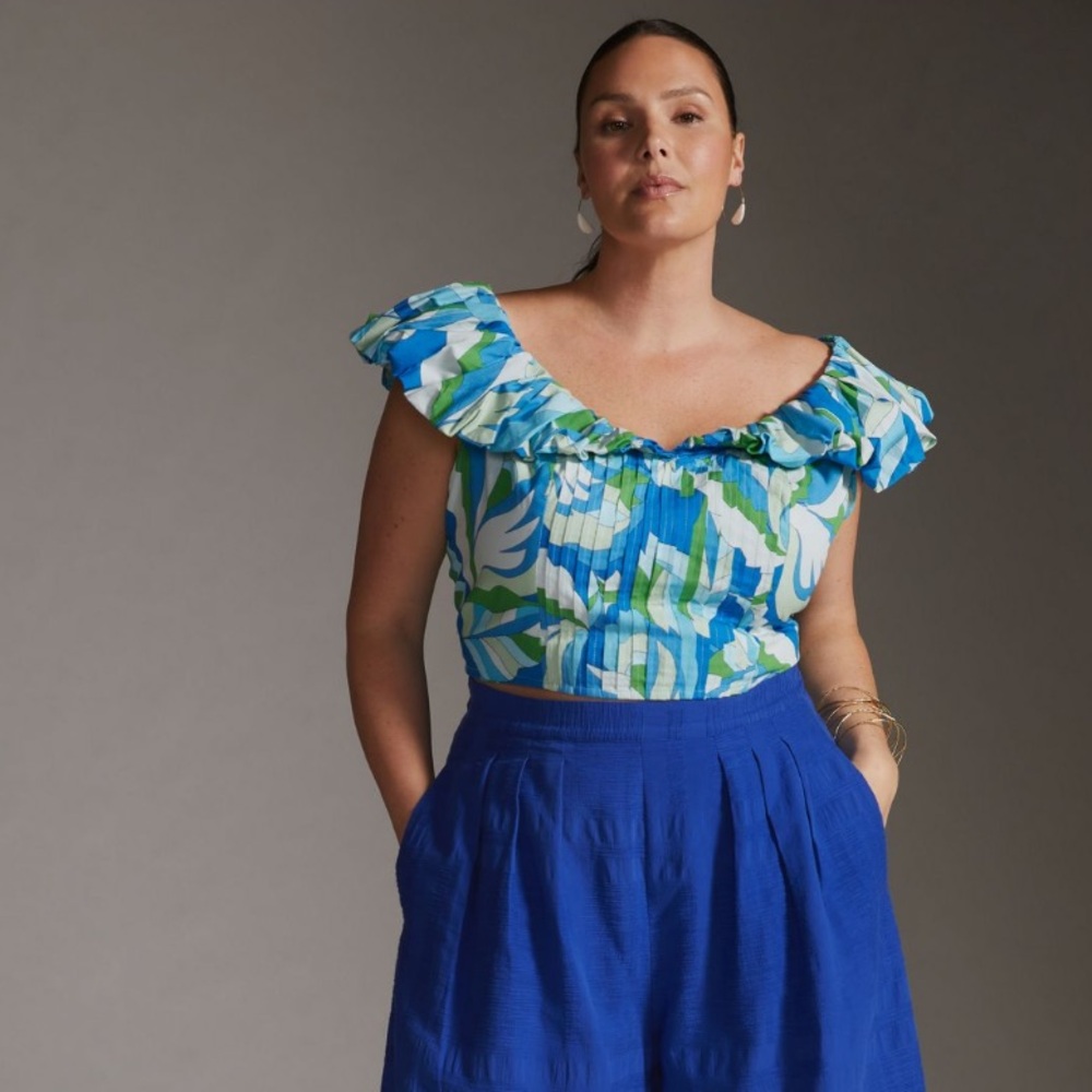 Anthropologie Maeve Multicolored‎ Puff-Sleeve Cropped Blouse